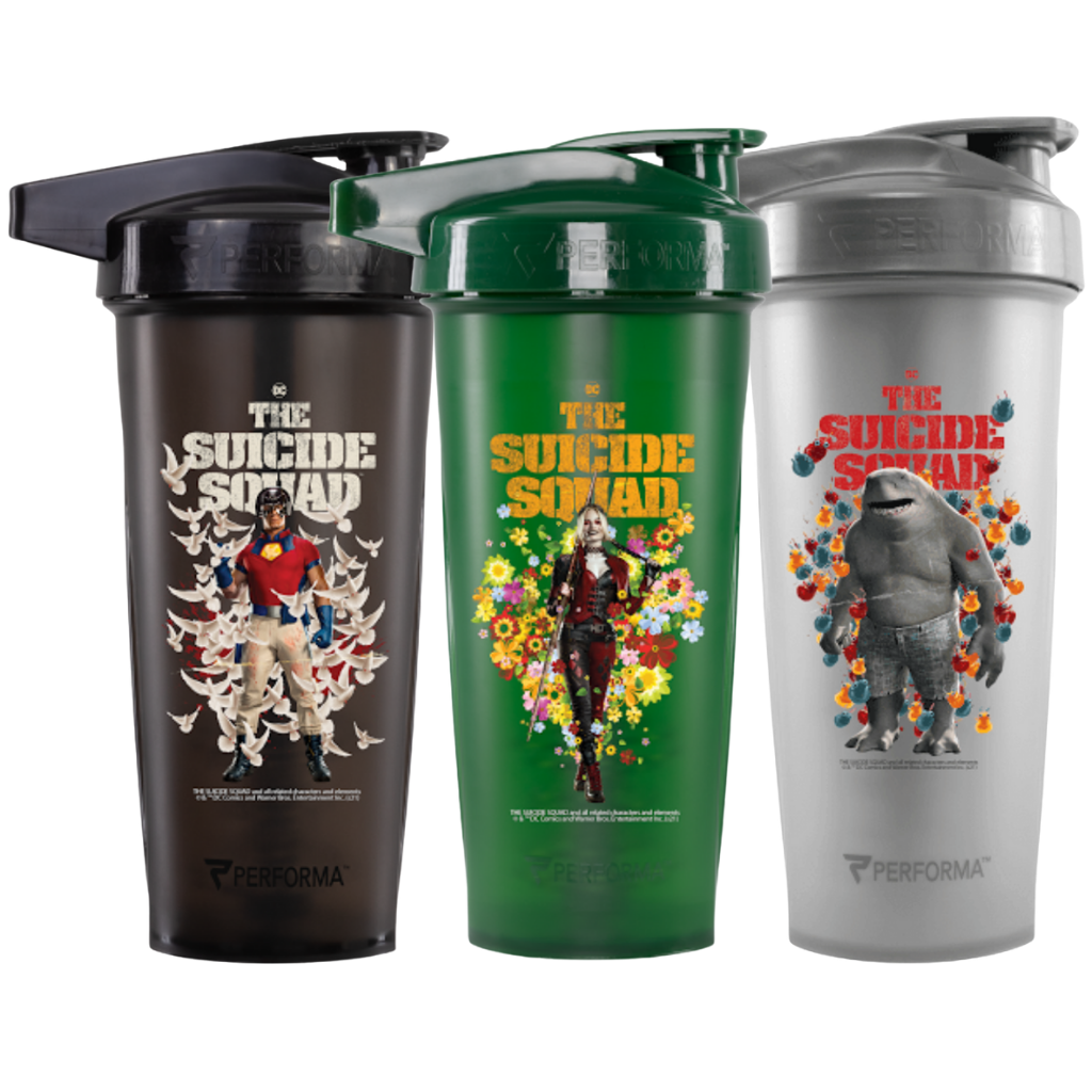 3 Pack Bundle, ACTIV Shaker Cups, 28oz, The Suicide Squad Collection: Peacemaker, Harley Quinn, King Shark, Performa USA