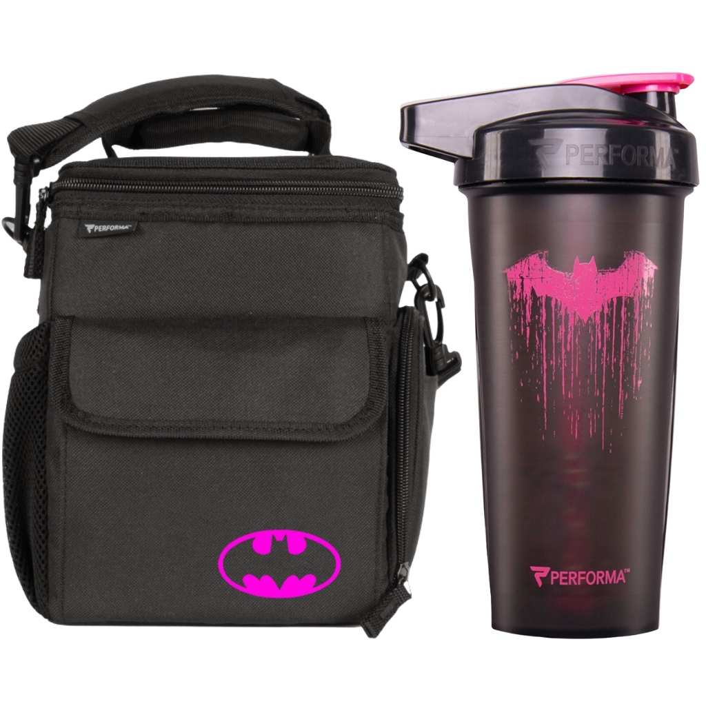 2 Pack, 3 Meal Cooler Bag & 28oz ACTIV Shaker Cup, Pink Batman, Performa USA