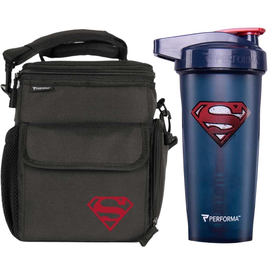 2 Pack, 3 Meal Cooler Bag & 28oz ACTIV Shaker Cup, Superman, Performa USA
