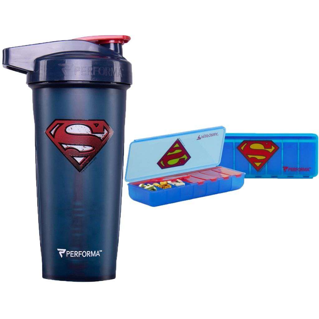 2 Pack Superman Bundle, ACTIV 28oz Shaker Cup and 7 Day Pill Container, Performa